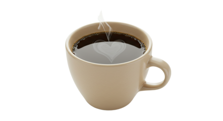 A steaming cup of coffee in a beige mug.