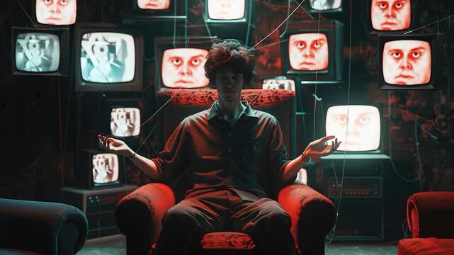 A person sitting in a chair facing multiple TVs, great for media room or tech concept images