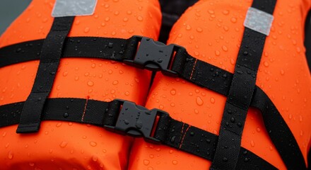 Detailed view of wet life jacket with straps and buckle for safety