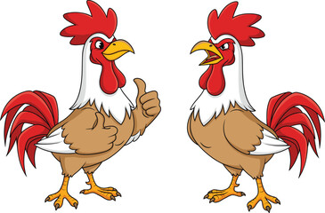 Cartoon roosters with different expressions, farm chicken characters, funny poultry illustration, animated birds, expressive animal poses, colorful feathered friends