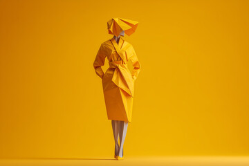 Fototapeta na wymiar Bright yellow origami fashion figure stands confidently against a vivid orange backdrop showcasing contemporary design and artistic expression in a stylish ensemble