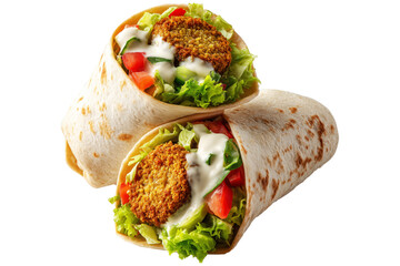 Tasty falafel wraps in pita filled with lettuce, tomato, cucumber, onion, and tahini drizzle sauce isolated on white background, concept of healthy vegetarian lunch
