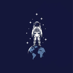 Cartoon astronaut in a white spacesuit standing on planet Earth.