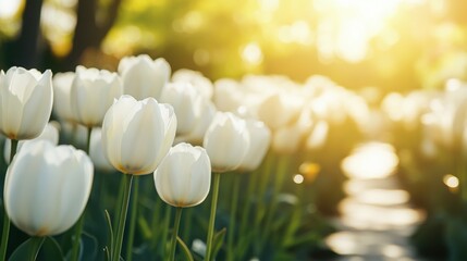 Beautiful White Tulips in Bloom Under Soft Sunlight in Garden