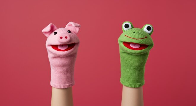 Delightful sock puppet duo featuring a pink pig and green frog friends