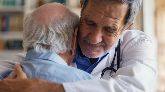 A warm and emotional moment between a caregiver and an elderly patient in a clinic, showcasing compassion, support, and the deep connection in healthcare settings.