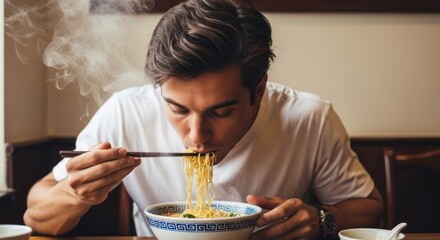 A man eating a bowl of ramen noodles with chopsticks.