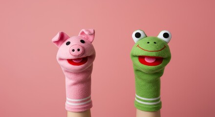 Playful sock puppets featuring a cheerful pig and a friendly frog character