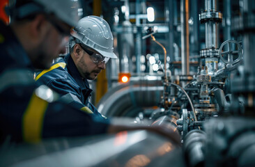 Workers conduct maintenance at an industrial plant during daytime in a complex machinery environment