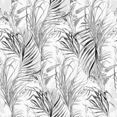 Seamless watercolor black and white pattern with delicate stems and leaves of palm grasses