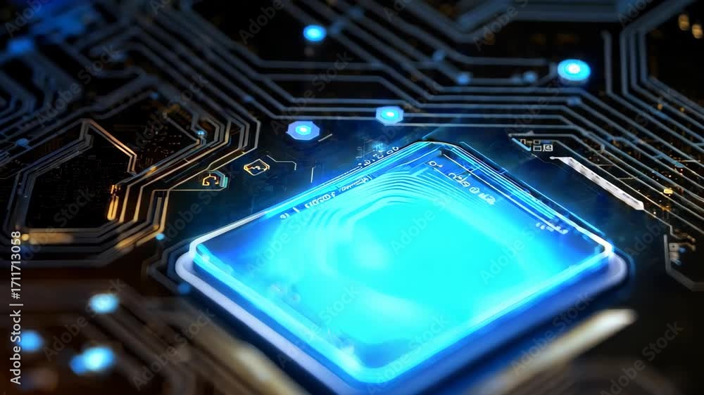 Poster an intricate close-up view of a futuristic circuit board featuring a glowing blue led chip. this cap
