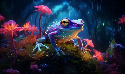 a cartoon neon frog sitting on a glowin.