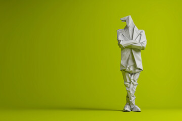 Unique origami figure of a man in a suit standing against a vibrant green background, showcasing intricate folds and angles that highlight artistry and creativity