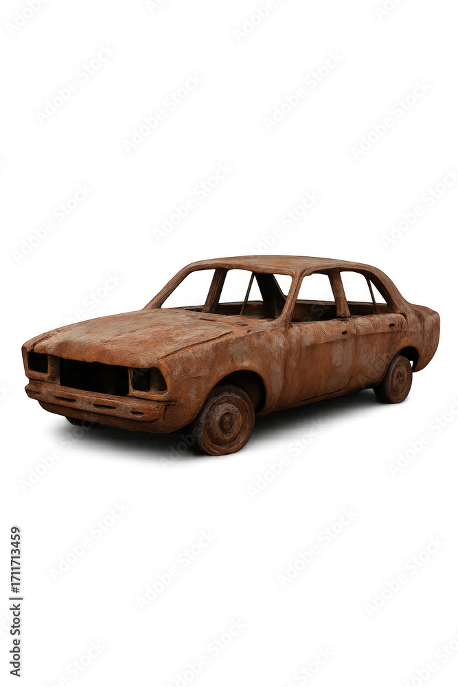 Poster rusty abandoned car isolated on transparent background representing decay and obsolescence