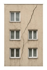 Fototapeta premium Large crack running down residential building facade with transparent background