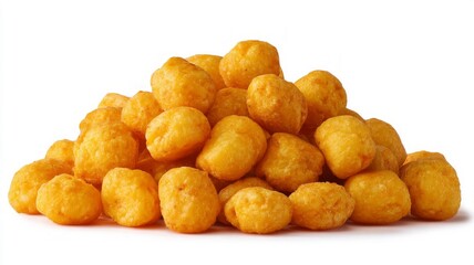 Pile of crunchy corn puffs on white background. AI generated