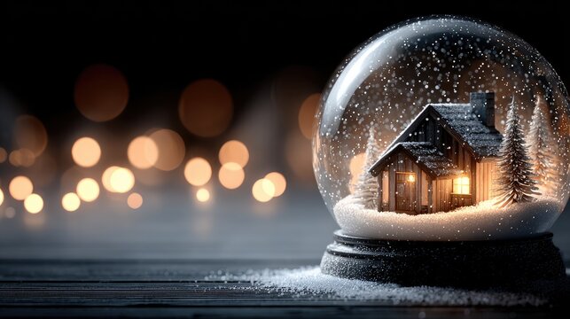 Snow globe with cozy wooden cabin