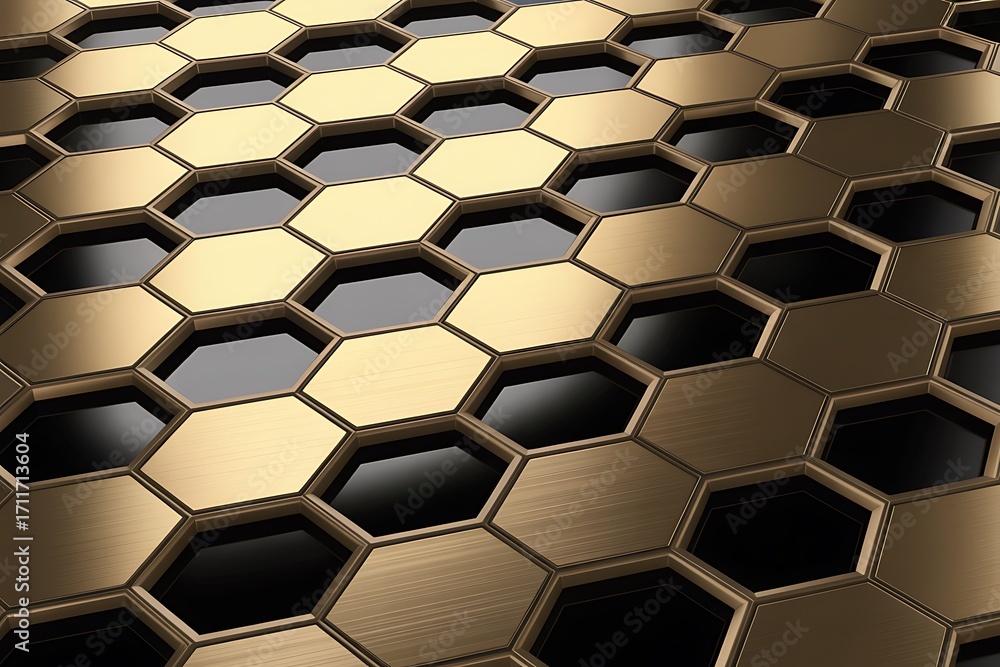 Aufkleber abstract geometric background of metallic gold and black hexagons in a honeycomb pattern keywords: h