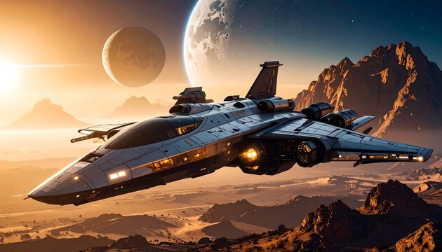 Futuristic spaceship in desert landscape