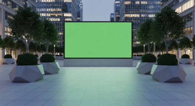 A large, modern, illuminated green screen billboard stands prominently in a contemporary urban plaza surrounded by trees and geometric planters, with tall of...