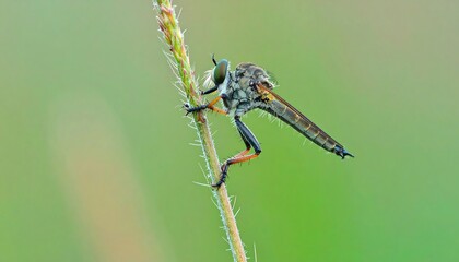 Robber fly perching on grass, nature background, macro