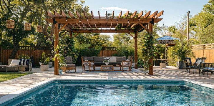 Relaxing outdoor lounge area with a pool and pergola on a sunny day