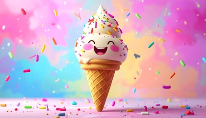 Cartoon ice cream cone with sprinkles and a happy face.  Colorful background