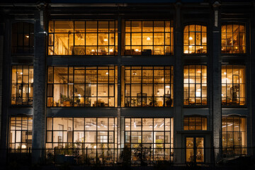 A co-working building at night. Lights glow through tall windows. The mood feels urban and alive