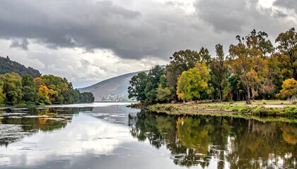Autumnal river reflecting a cloudy sky