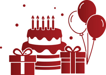 birthday celebration illustration with cake candles balloons and gift boxes in red festive graphic design