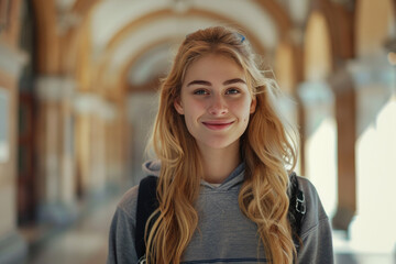 Obraz premium University student smiling in a beautiful hallway while wearing a casual sweater during the day