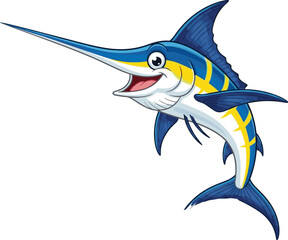Cartoon swordfish illustration with happy expression, colorful ocean fish character, funny aquatic animal drawing, underwater wildlife artwork for children
