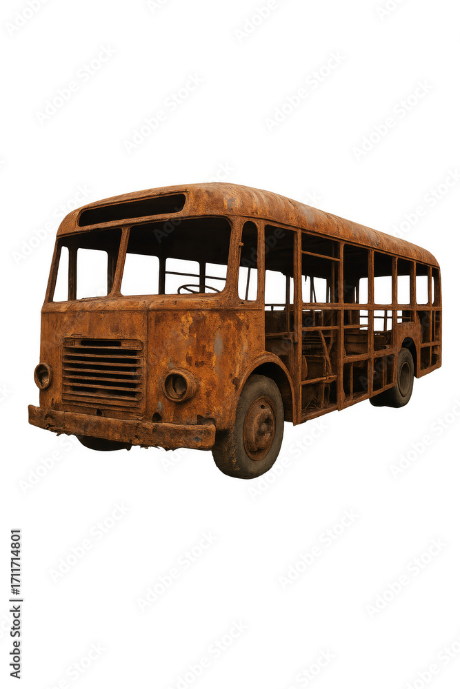 Poster rusty abandoned bus showing decay and neglect on transparent background