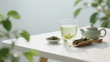 A set of fresh and elegant green tea - related utensils and tea soup show the purity and leisurely charm of green tea.
