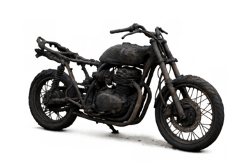 Damaged rusty motorcycle isolated on transparent background