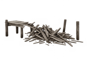 Broken wooden bridge collapsing on transparent background