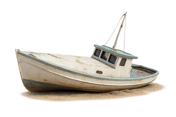 Naklejka premium Old fishing boat beached on sand with transparent background