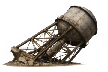 Fallen water tower on transparent background symbolizing drought and decay