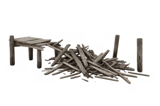 Broken wooden bridge collapsing on transparent background