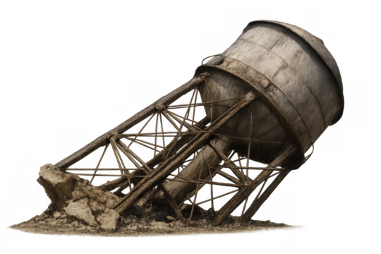 Fallen water tower on transparent background symbolizing drought and decay