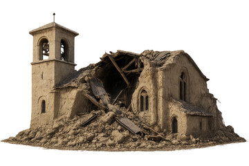 Crumbling church building showing damage and decay with transparent background