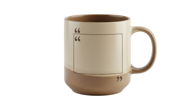 Beige ceramic mug with quote design.
