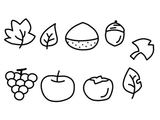秋の素材10個セット　食べ物　落ち葉　アイコン　白黒　シンプルイラスト