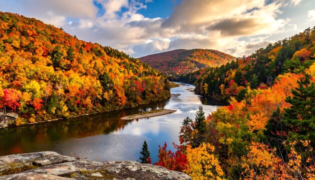 Autumnal river valley with vibrant foliage - Powered by Adobe