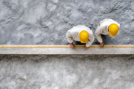 Aerial view of two male workers measuring concrete surface