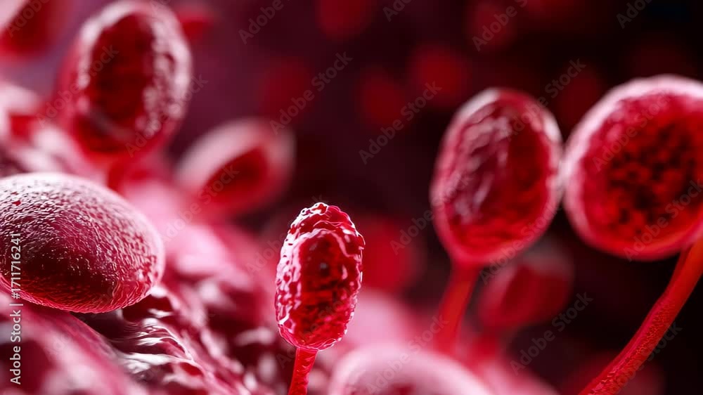 Poster this close-up image displays intricate bacteria structures against a vivid red background, perfect f