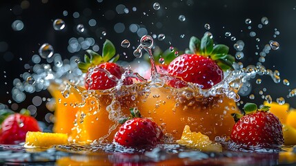 Juicy strawberries and mango splashing in water for vibrant summer smoothie recipe inspiration