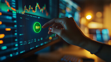 Woman's Hand Tapping Buy on Digital Stock Market Interface Generative AI