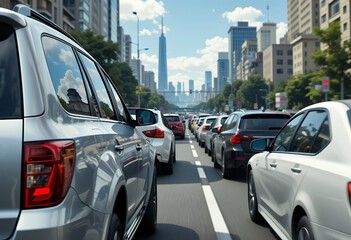 Fototapeta premium Urban traffic congestion on city street with a skyline view and various cars in line