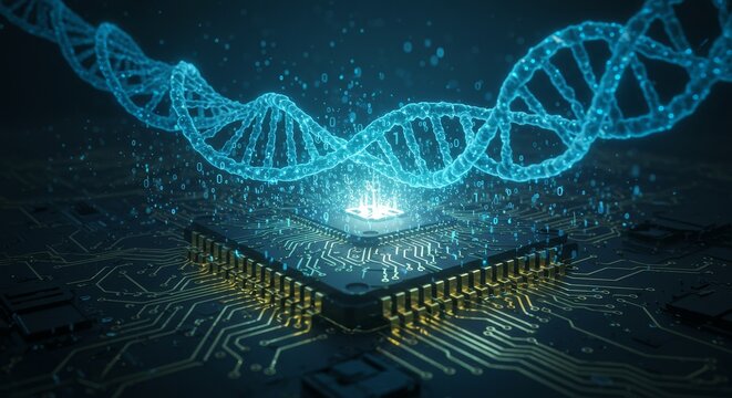 Futuristic DNA data processing on a microchip with binary code surround